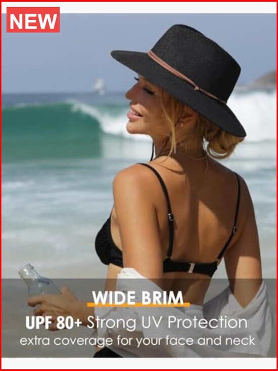 Straw Wide Brim Panama Fedora Sun Hat with UPF 80+ and Wind Lanyard